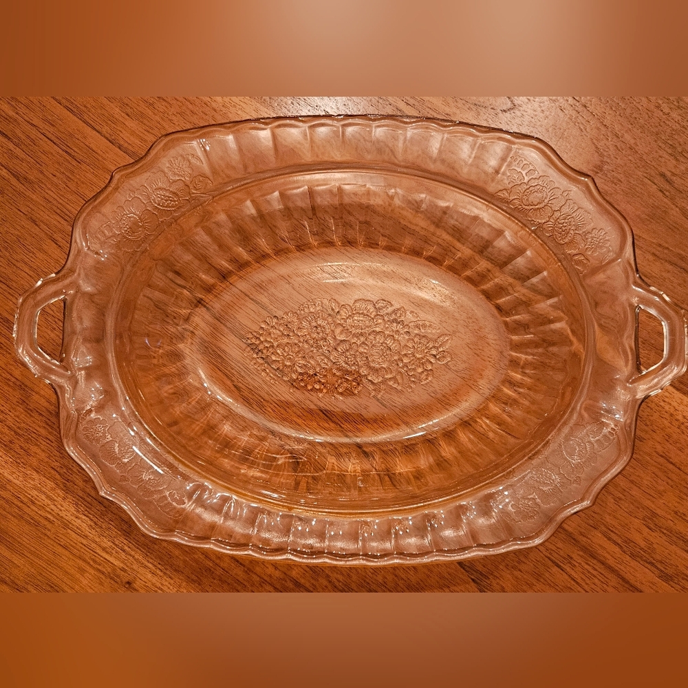 Mayfair Pink by Anchor Hocking in Open Rose pattern 11" side serving dish